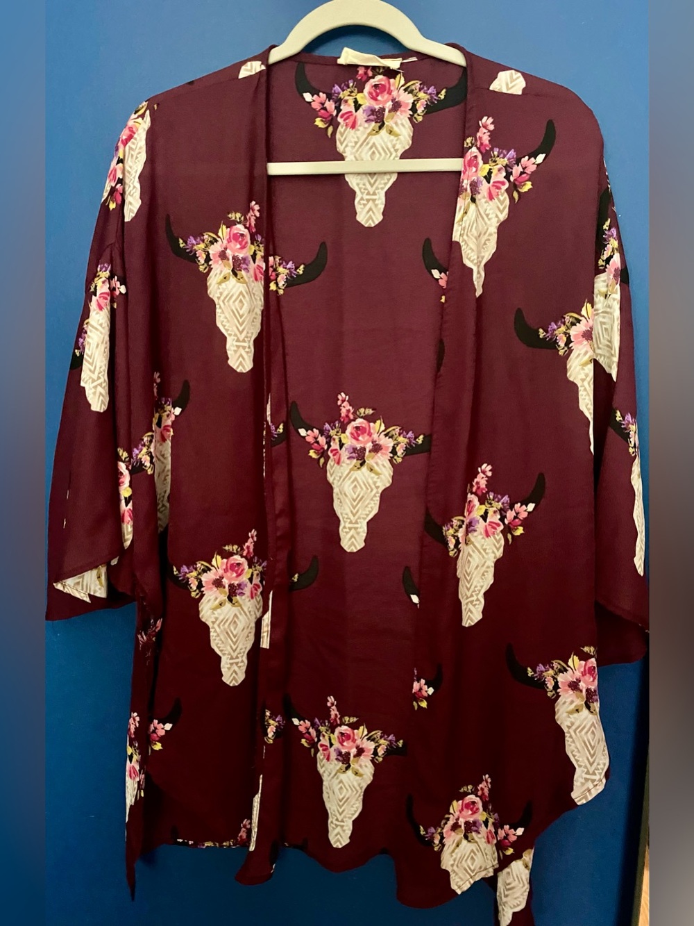 Peach Love California Burgundy Floral Bull Skull Top